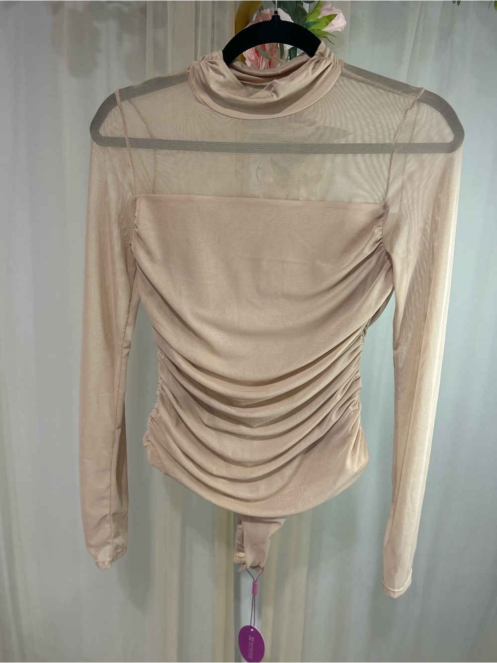 Avidlove Mesh Mock Neck Ruched Bodysuit NWT – Beige/Nude Size M